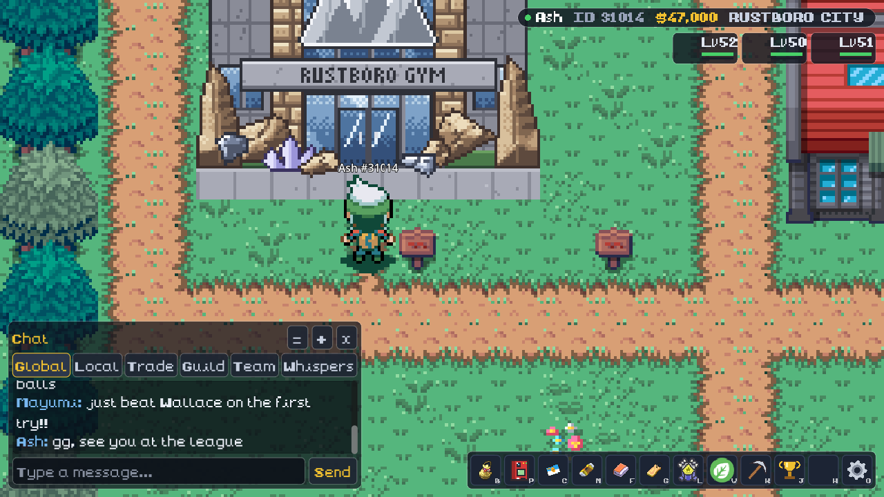A trainer standing outside the Rustboro Gym, with the chat box open