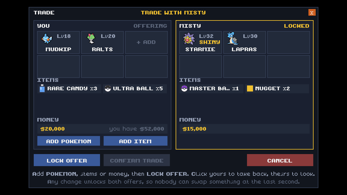The trade window, with both trainers' offers side by side